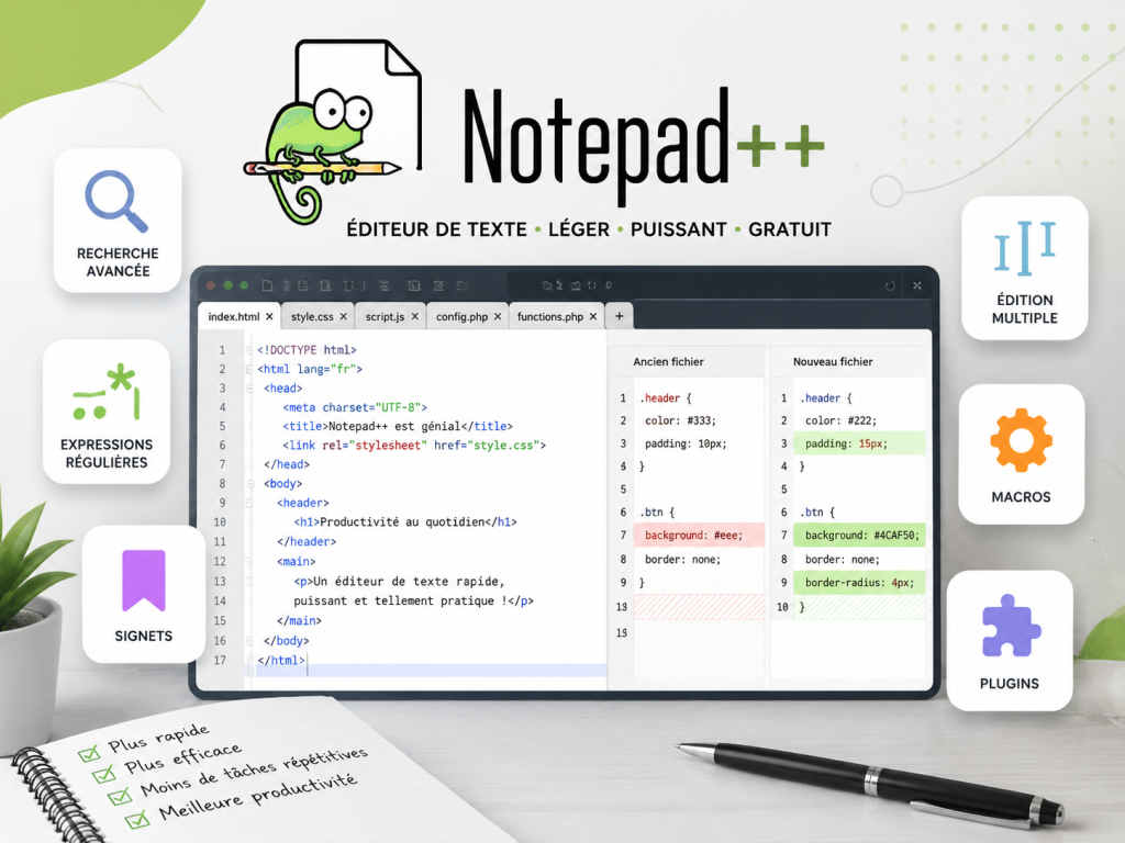 Illustration de Notepad++ mettant en avant ses principales fonctionnalités