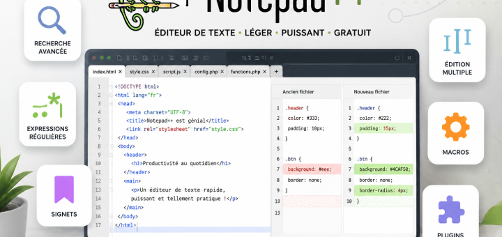 Illustration de Notepad++ mettant en avant ses principales fonctionnalités